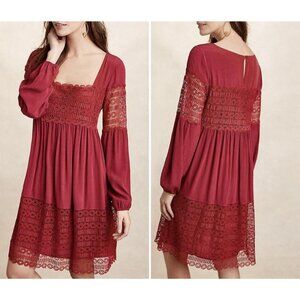 ANTHROPOLOGIE Flareat Knee Dress Size 2 AVELINE LACE Red Bell Long Sleeves NEW